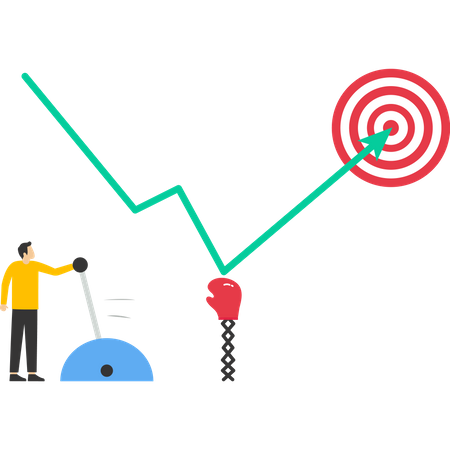 El hombre de negocios tira de la palanca para presionar el gráfico y subir hacia el objetivo.  Ilustración