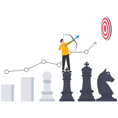 Tiro com arco do empresário no gráfico de crescimento do rei xadrez visando o alvo  Ilustração