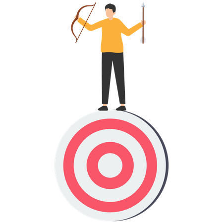 Tiro com arco de empresário segurando flecha e arco equilíbrio no alvo.  Ilustração
