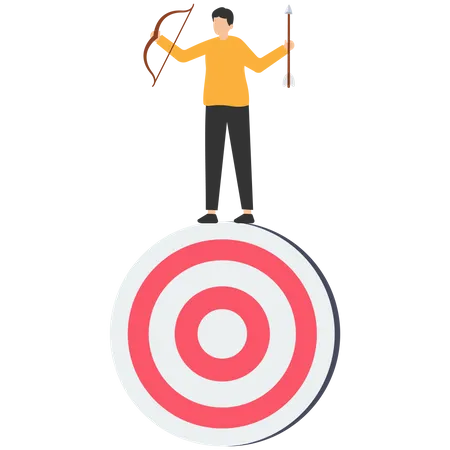 Tiro com arco de empresário segurando flecha e arco equilíbrio no alvo.  Ilustração