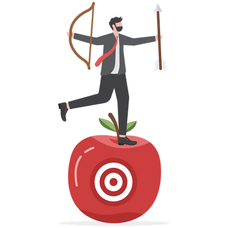 Empresário de tiro com arco segurando flecha e arco meditar e focar no alvo alvo no centro da maçã  Ilustração