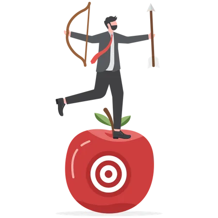 Empresário de tiro com arco segurando flecha e arco meditar e focar no alvo alvo no centro da maçã  Ilustração
