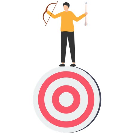 Tiro con arco de hombre de negocios sosteniendo el equilibrio de flecha y arco en el objetivo.  Ilustración