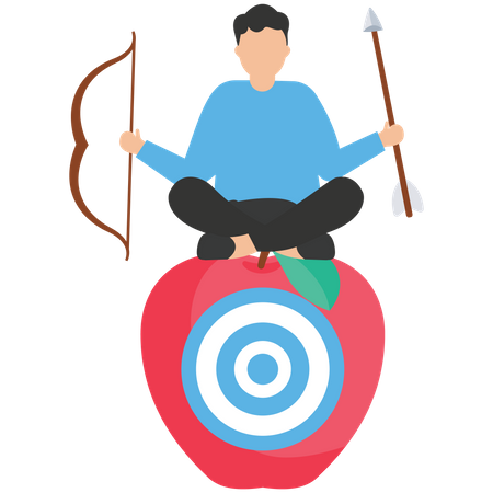 Hombre de negocios tiro con arco sosteniendo flecha y arco meditar y centrarse en el objetivo de diana en el centro de la manzana  Ilustración