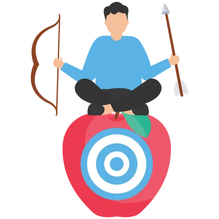 Hombre de negocios tiro con arco sosteniendo flecha y arco meditar y centrarse en el objetivo de diana en el centro de la manzana  Ilustración