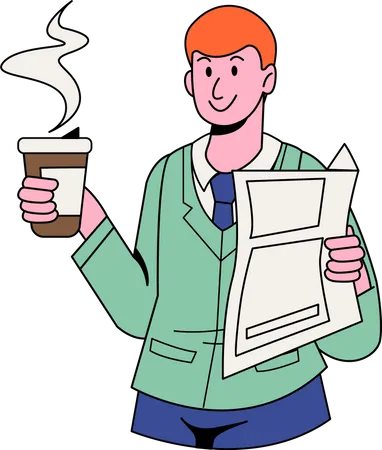 Empresário tomando café enquanto lê jornal  Ilustração
