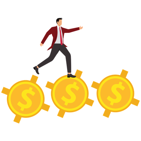 Hombre de negocios que lleva oro corriendo sobre engranajes conectando oro  Ilustración