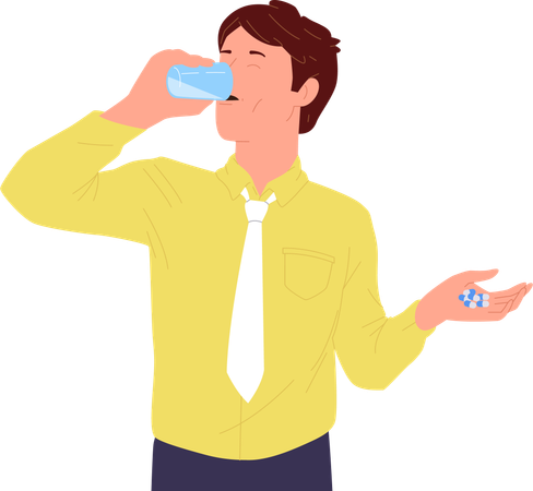 Hombre de negocios tomando pastillas bebiendo agua de un vaso  Ilustración