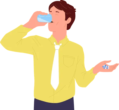 Hombre de negocios tomando pastillas bebiendo agua de un vaso  Ilustración