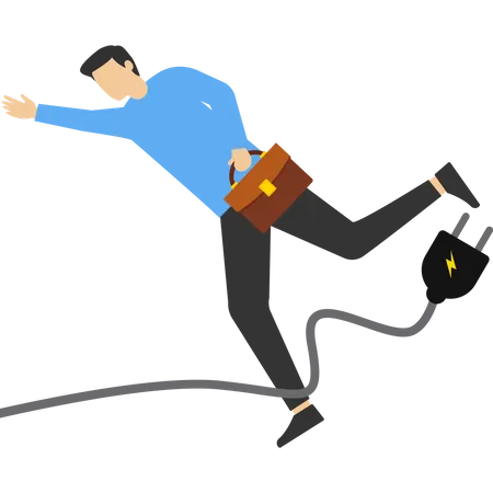 Un hombre de negocios torpe tropezando con un cable eléctrico cayendo al suelo  Ilustración