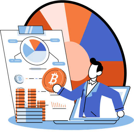 Empresario trabaja en documento de Bitcoin  Ilustración