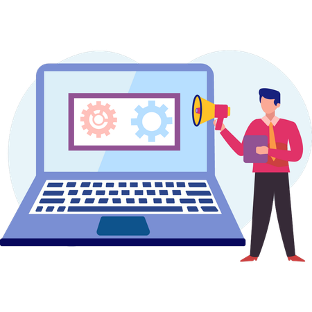 El hombre de negocios trabaja en la configuración de marketing.  Ilustración