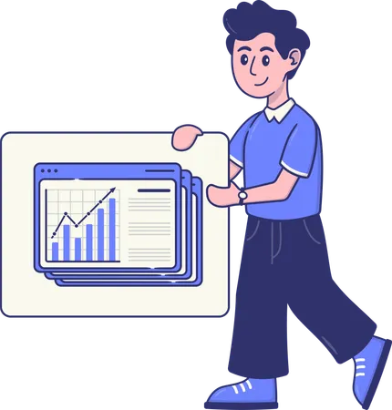 El hombre de negocios trabaja con datos sobre el crecimiento empresarial  Ilustración