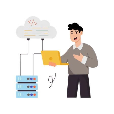 Hombre de negocios trabajando con una base de datos en la nube  Ilustración