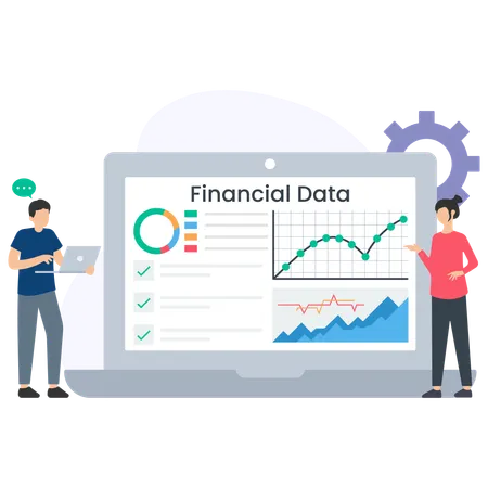 Empresario trabajando con datos financieros  Ilustración