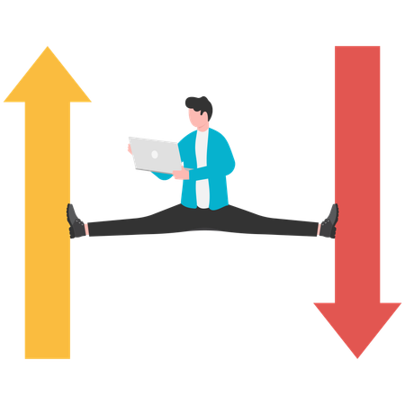 Hombre de negocios trabajando con dos flechas en diferentes direcciones  Ilustración