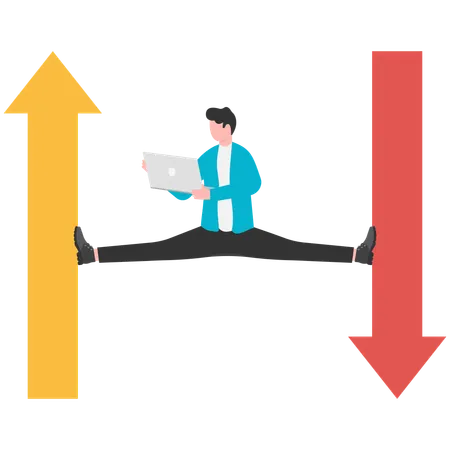 Hombre de negocios trabajando con dos flechas en diferentes direcciones  Ilustración