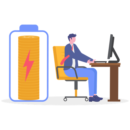 Hombre de negocios trabajando lleno de energía.  Ilustración