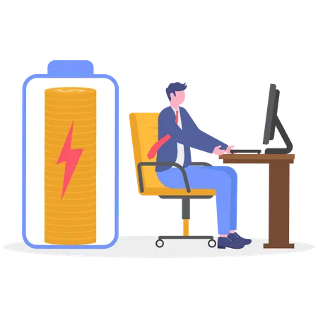 Hombre de negocios trabajando lleno de energía.  Ilustración