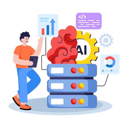 Hombre de negocios trabajando con un servidor Ai  Ilustración