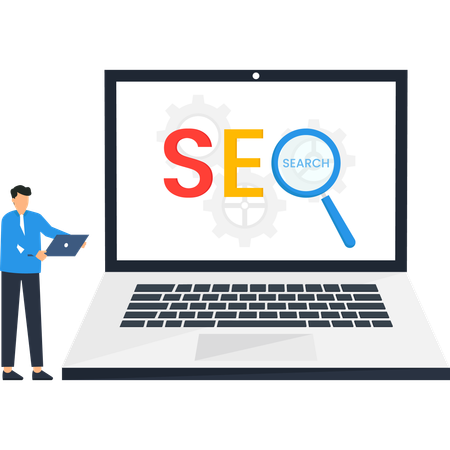 Hombre de negocios trabajando en análisis SEO  Ilustración