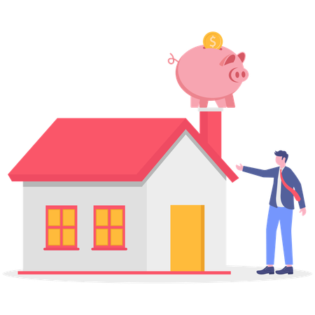 Hombre de negocios trabajando para ahorrar dinero en casa  Ilustración