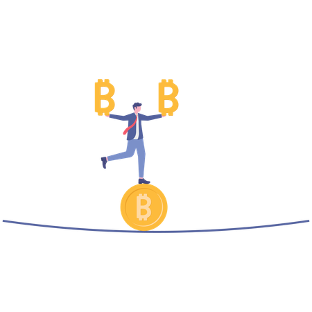 Empresario trabajando en el equilibrio de Bitcoin  Ilustración