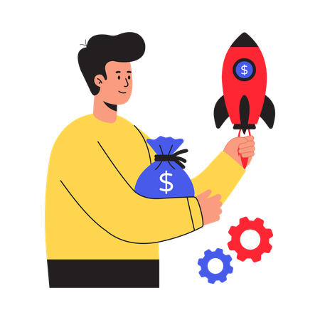 Hombre de negocios trabajando en el lanzamiento de una startup  Ilustración