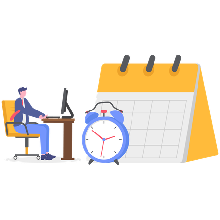 Hombre de negocios trabajando en la computadora mientras hace un horario  Ilustración