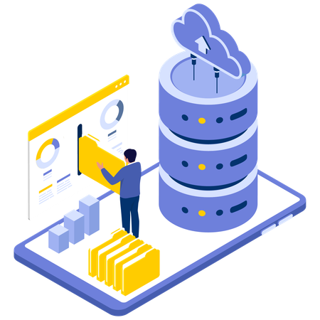 Hombre de negocios trabajando en la carga de datos en la nube  Ilustración