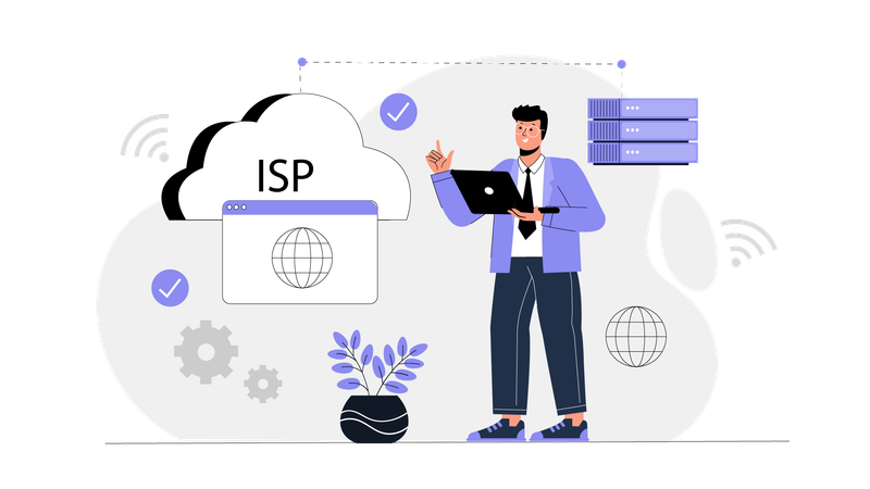 Hombre de negocios trabajando en la nube de Isp  Ilustración