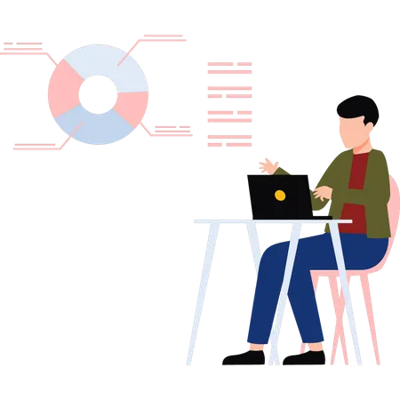 Empresario trabajando en un gráfico de negocios en una computadora portátil  Ilustración