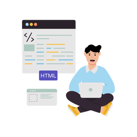 Hombre de negocios trabajando en una página web HTML  Illustration