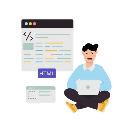 Hombre de negocios trabajando en una página web HTML  Illustration