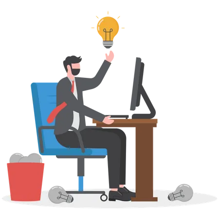 Hombre de negocios trabajando en su computadora portátil apuntando con el dedo hacia una bombilla de luz brillante  Ilustración