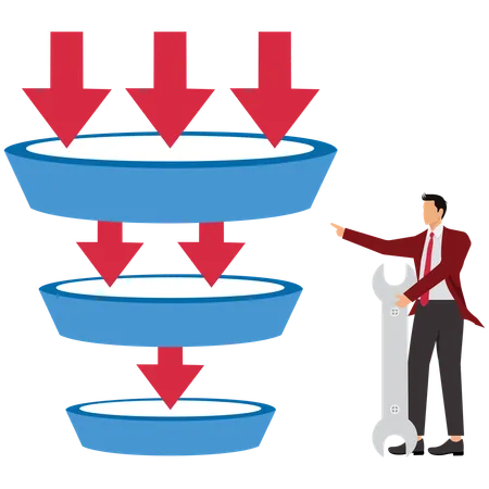 Hombre de negocios trabajando en un embudo de separación  Ilustración