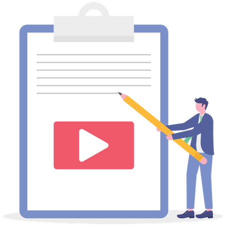 Hombre de negocios trabajando en un guión de vídeo  Ilustración