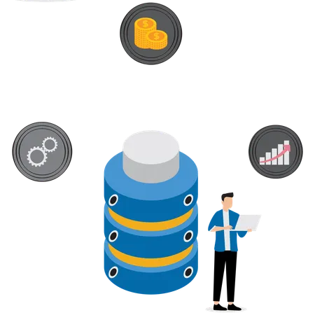 Hombre de negocios trabajando en un sistema de base de datos  Ilustración