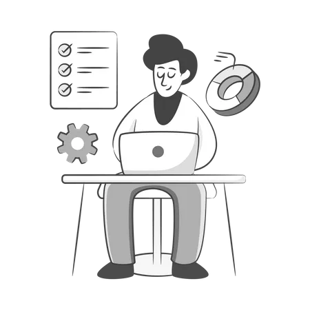 Empresario trabajando en la computadora portátil  Ilustración