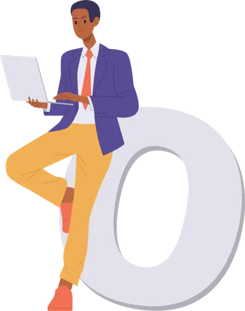 Empresario trabajando en una computadora portátil de pie cerca de la letra O  Ilustración