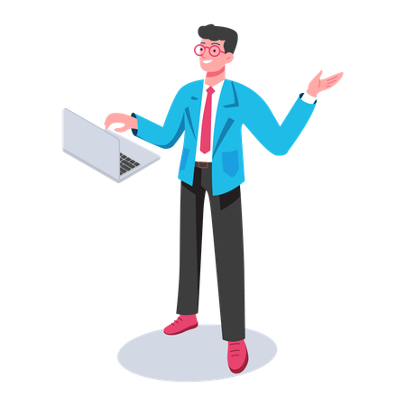 Hombre de negocios trabajando en una computadora portátil mientras da una explicación  Ilustración