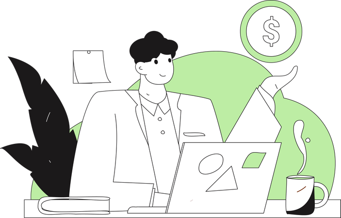 Empresario trabajando en una computadora portátil mientras brinda asesoramiento financiero  Ilustración