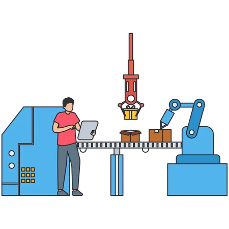 Hombre de negocios trabajando en una máquina envasadora automatizada  Ilustración