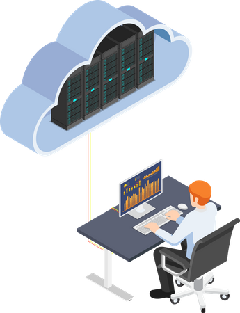 Empresario trabajando en una PC de escritorio y subiendo al almacenamiento en la nube  Ilustración