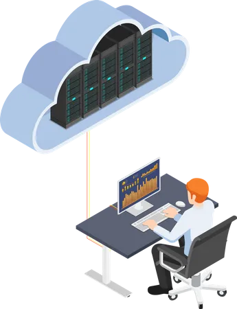 Empresario trabajando en una PC de escritorio y subiendo al almacenamiento en la nube  Ilustración