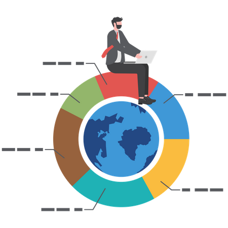 El hombre de negocios trabaja con la computadora portátil en el gráfico circular mundial  Ilustración