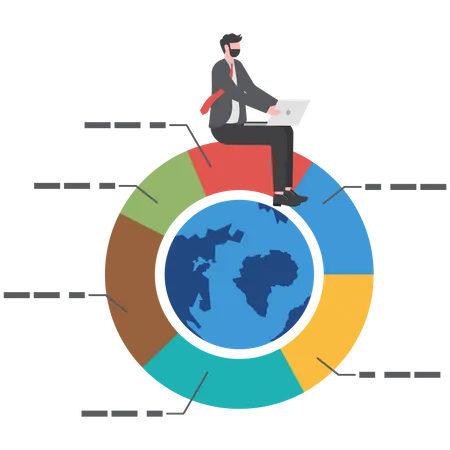 El hombre de negocios trabaja con la computadora portátil en el gráfico circular mundial  Ilustración