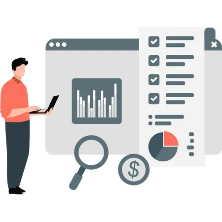 Empresário trabalha com dados gráficos  Ilustración