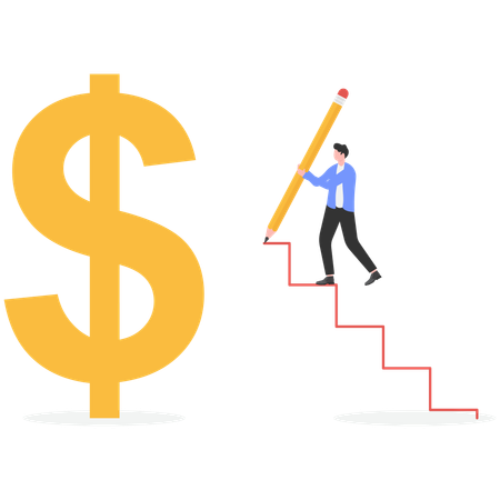 Empresário trabalhando em escadas financeiras  Ilustração