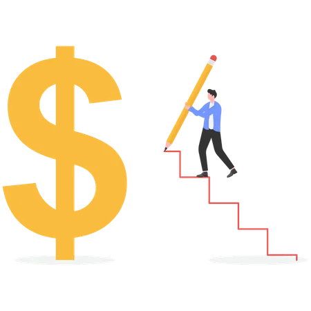 Empresário trabalhando em escadas financeiras  Ilustração